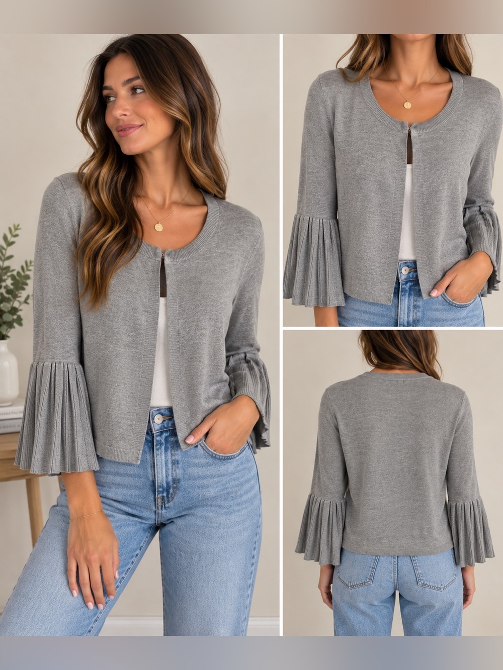 525 America Gray Bell Sleeve Cardigan Sweater Size Small